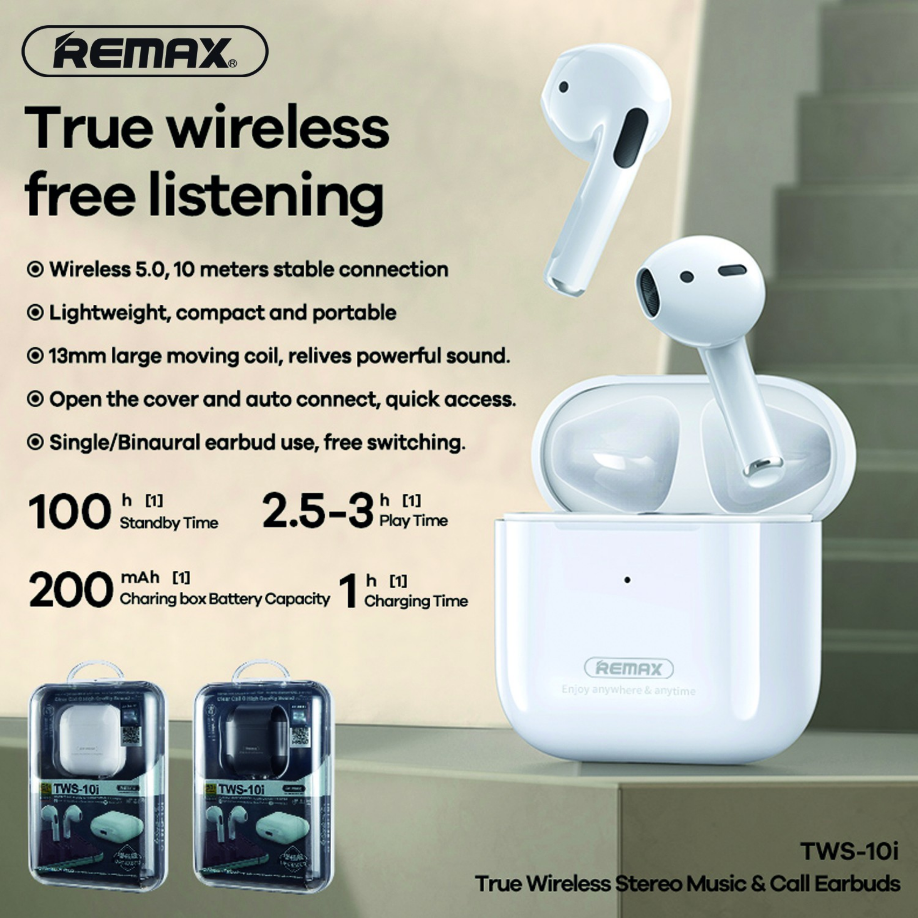 REMAX TWS-10i Bluetooth Wireless Earbuds - White