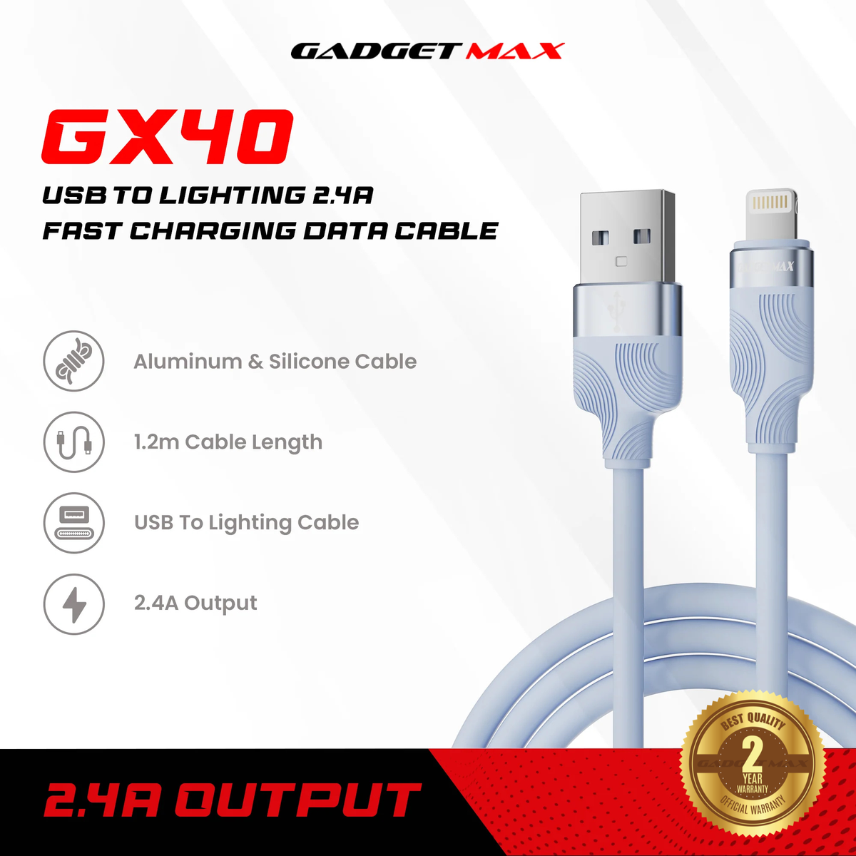 GADGET MAX - GX40 Lightning Nobel Series USB To Lightning Charging Data Cable (2.4A) - Black