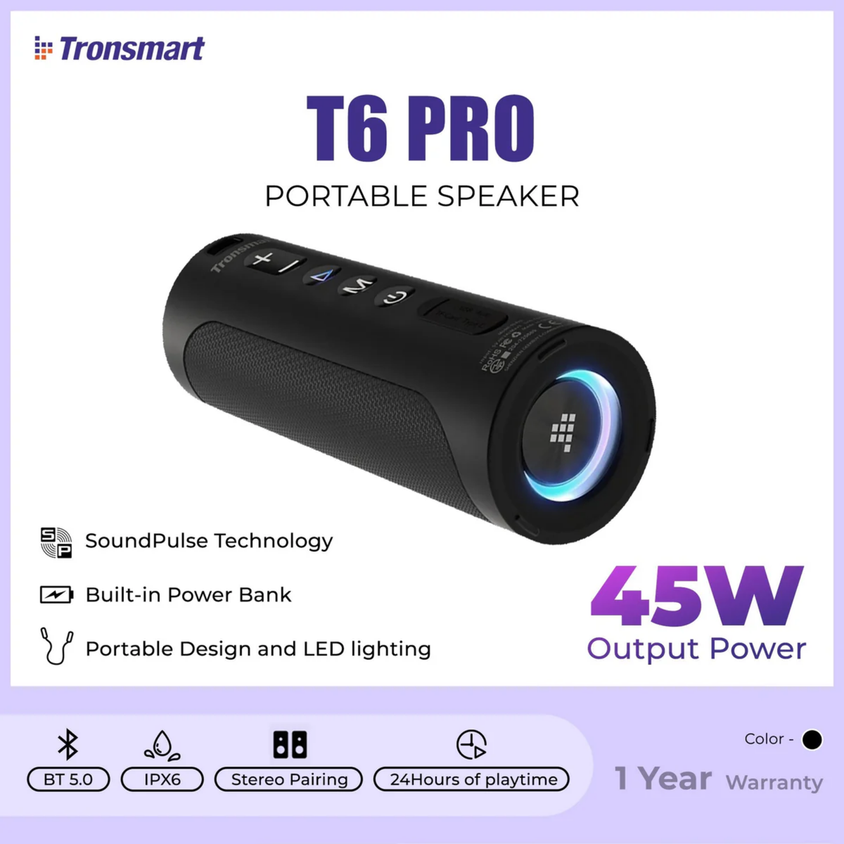 TRONSMART T6 Pro 45W Portable Wireless Bluetooth Outdoor Speaker - Black