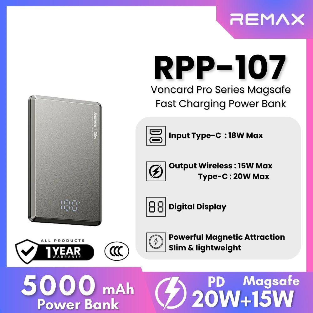 REMAX - RPP-107 Vocard Pro Series 5,000mAh PD Magnetic Wireless Power Bank(PD 20W) - Grey
