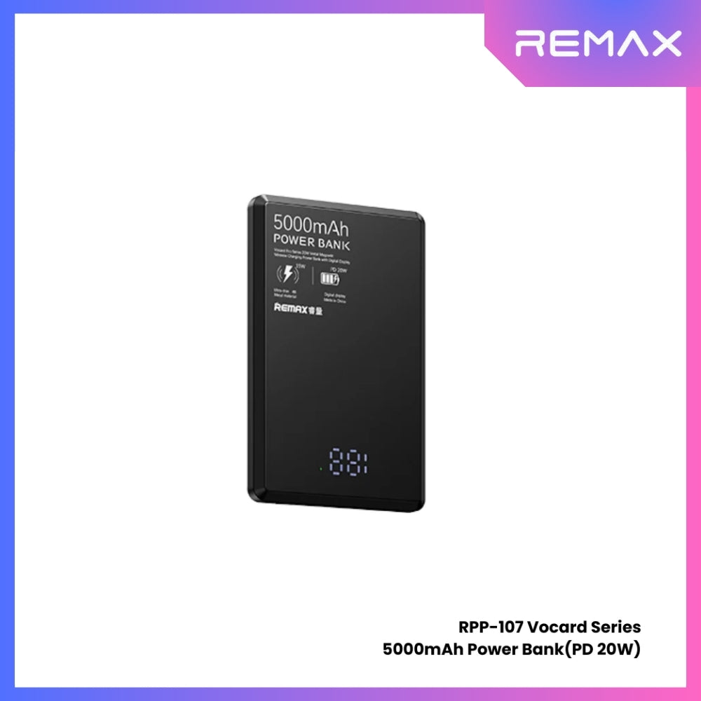 REMAX - RPP-107 Vocard Pro Series 5,000mAh PD Magnetic Wireless Power Bank(PD 20W) - Black