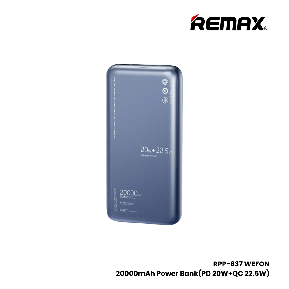 REMAX RPP-637 Wefon Series 20000mAh PD+QC Fast Charging Ultra thin Power Bank(PD 20W+QC 22.5W) - Blue