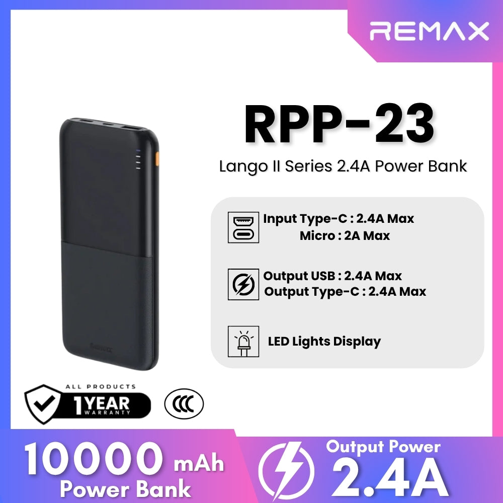 REMAX RPP-23 Lango 2 Series 10000mAh Fast Charging Power Bank(2.4A) - Black