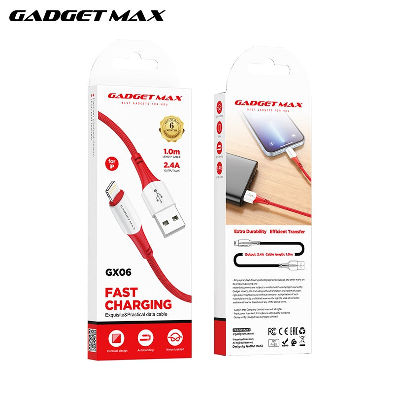 GADGET MAX GX06 IPH 2.4A FAST CHARGING EXQUISITE & PRACTICAL DATA CABLE FOR IPH (2.4A)(1M) - RED