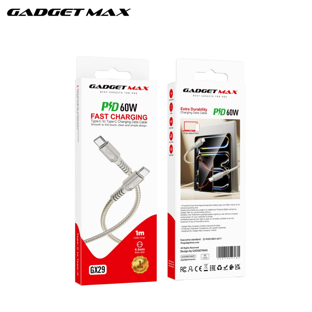 GADGET MAX - GX29 C-C Woven Series Type-C To Type-C Fast Charging Data Cable (60W) - Grey