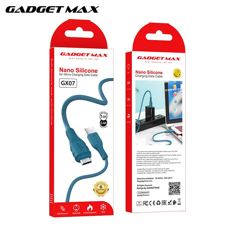 GADGET MAX GX07 MICRO 2.4A NANO SILICONE CHARGING DATA CABLE FOR MICRO (2.4A)(1M) - BLUE