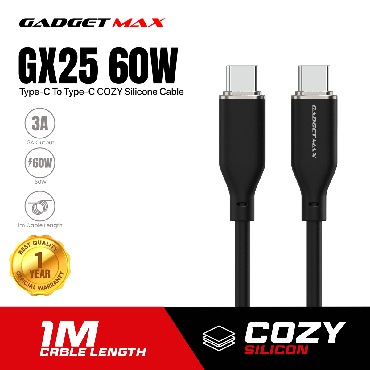 GADGET MAX GX25 60W TYPE C TO TYPE C 3A MAX COZY SILCONE CABLE (1M)(60W) - BLACK