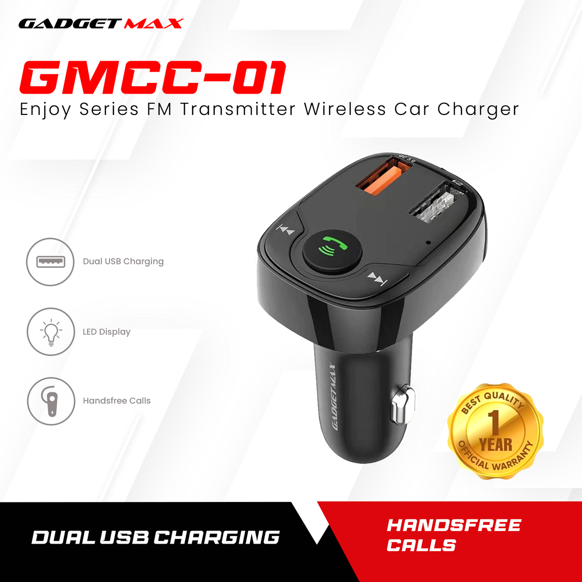 GADGET MAX GMCC-01 ENJOY SERIES FM TRANSMITTER WIRELESS CAR CHARGER (QC-3.0), Bluetooth Car Charger, Wireless Car Charger, FM Transmitter Car Charger