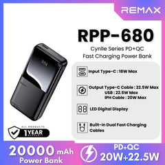 REMAX RPP-680 Cynlle Series 20000mAh PD+QC Fast Charging Power Bank(PD 20W+QC 22.5W) - Black