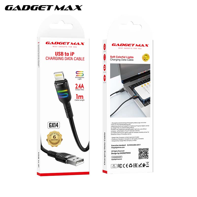 GADGET MAX GX14 DU18 S-SHAPE FAST USB TO IPH CHARGING DATA CABLE WITH LIGHT(2.4A) (1M)