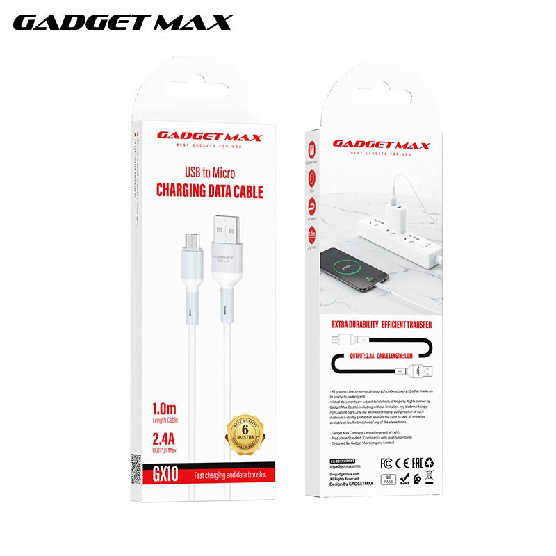 GADGET MAX GX10 MICRO 2.4A CHARGING DATA CABLE FOR MICRO (3A)(1M) - WHITE