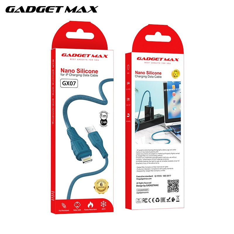 GADGET MAX GX07 IPH 2.4A NANO SILICONE CHARGING DATA CABLE FOR IPH (2.4A)(1M) - BLUE