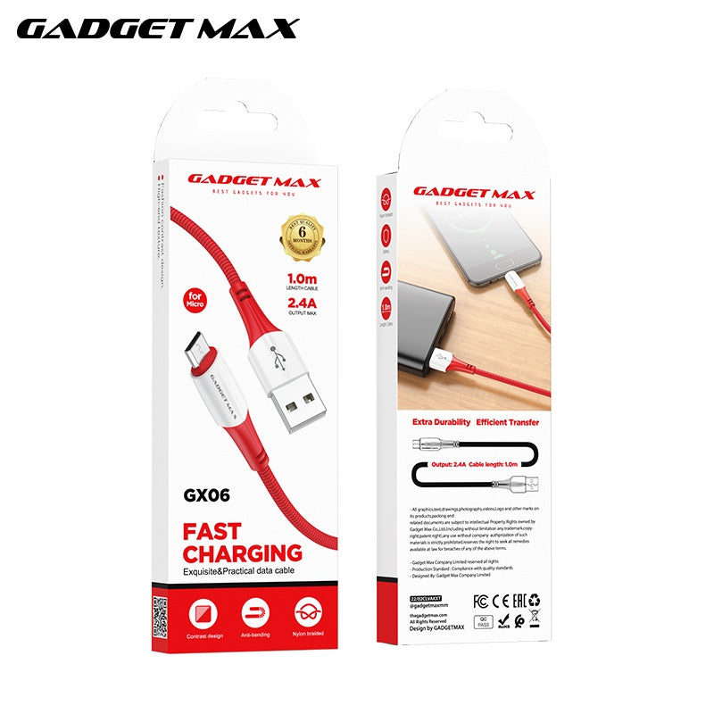 GADGET MAX GX06 MICRO 2.4A FAST CHARGING EXQUISITE & PRACTICAL DATA CABLE FOR MICRO (2.4A)(1M) - RED