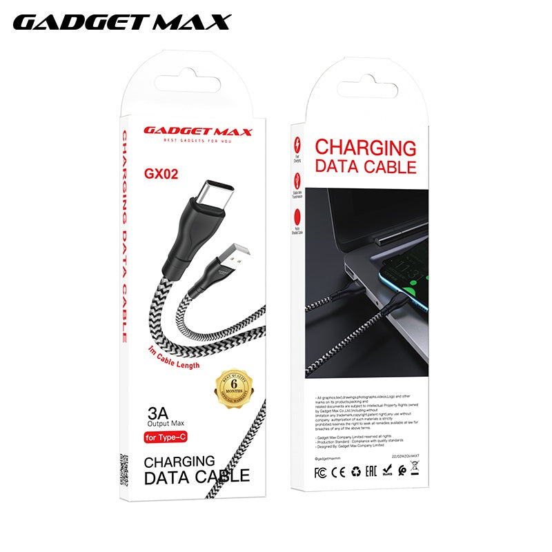 GADGET MAX GX02 TYPE-C  3A CHARGING DATA CABLE FOR TYPE-C (3A)(1M) - BLACK WHITE