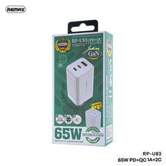 REMAX RP-U83 JAKER II SERIES 65W PD+QC GAN FOLDABLE CHARGER CN ( 1USB / 2TYPE-C ), 65W GAN Charger, PD+QC Charger