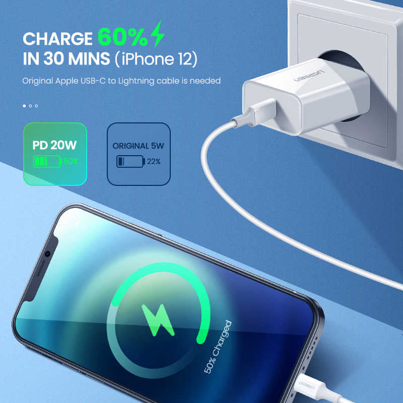 UGREEN CD238/137 IPhone 12 Charger, UGREEN 20W PD FAST CHARGER ONLY US, 20W PD, Fast Charger, Quick Charger ,Fast Charging/Wall Charger/Power Delivery/Power Adapter/type c to lightning