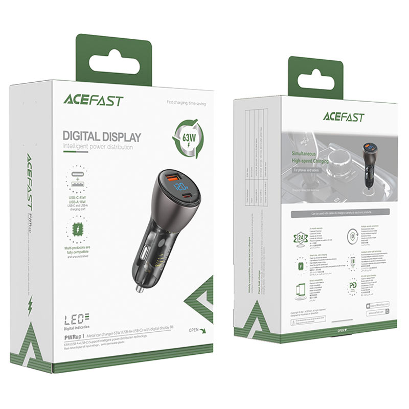 ACEFAST B6 METAL CAR CHARGER 63W (USB-A+USB-C) WITH DIGITAL DISPLAY