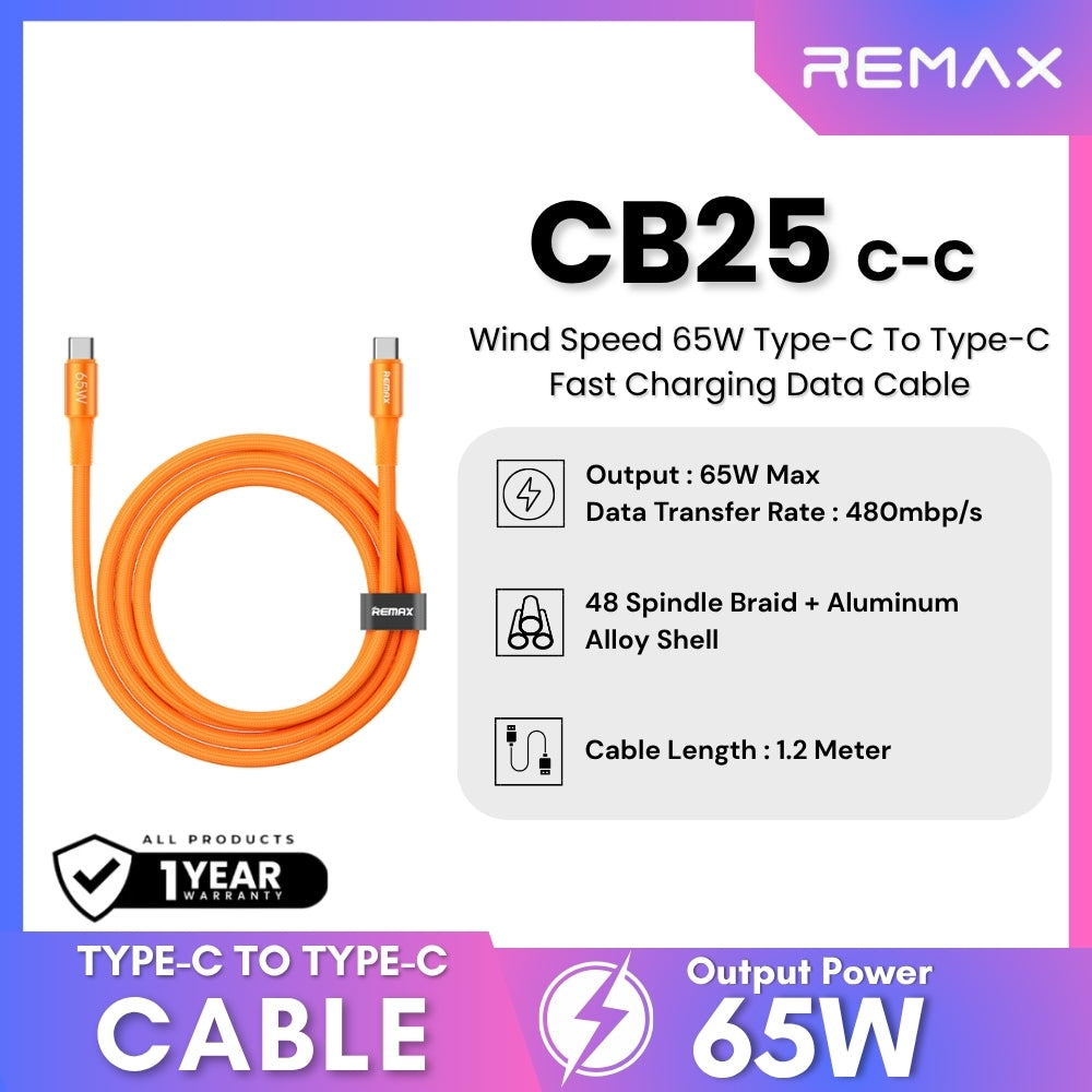 REMAX - CB25 C-C Wind Speed 65W USB To Type-C Fast Charging Data Cable - Orange