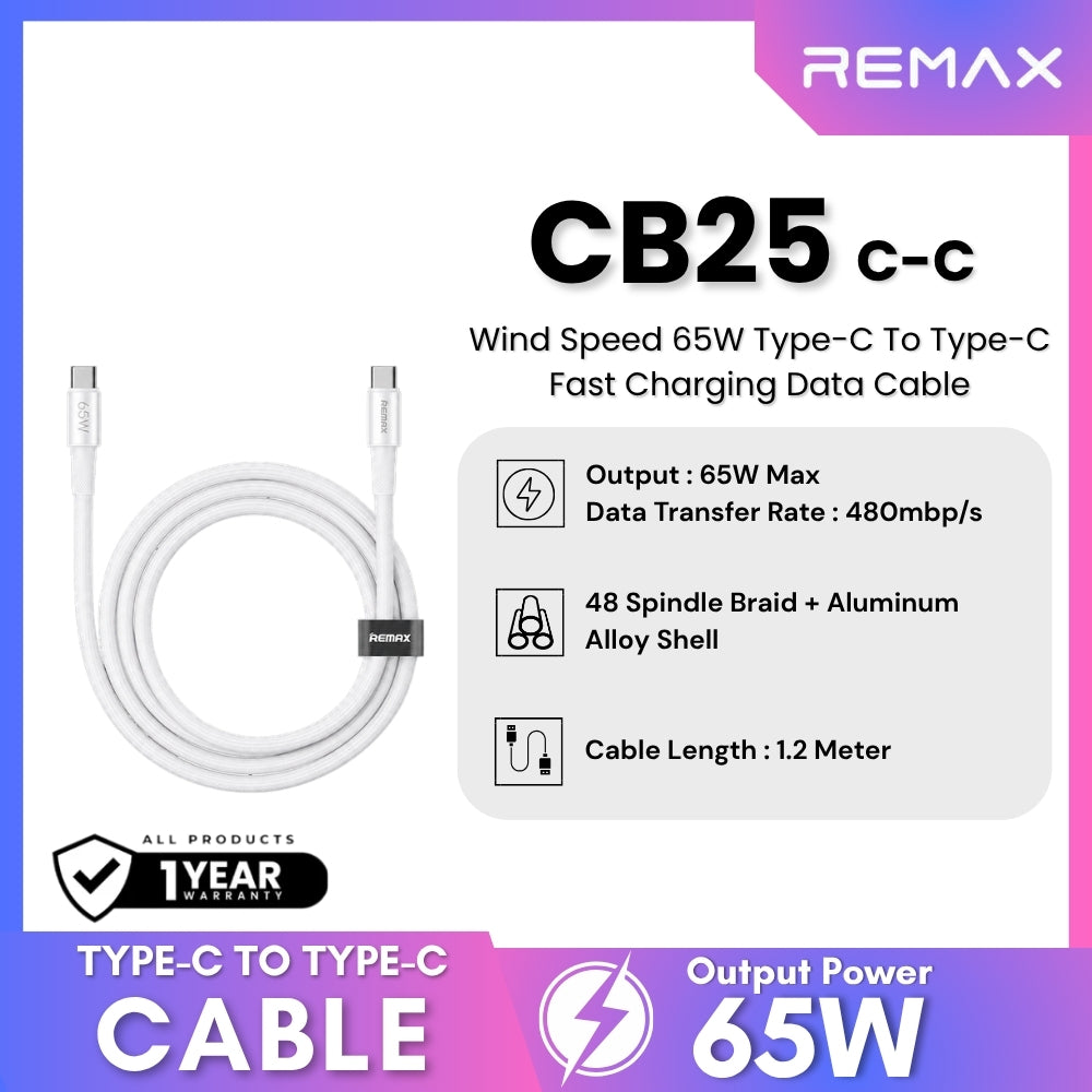 REMAX - CB25 C-C Wind Speed 65W USB To Type-C Fast Charging Data Cable - White