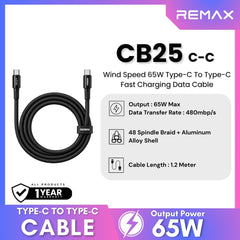 REMAX - CB25 C-C Wind Speed 65W USB To Type-C Fast Charging Data Cable - Black