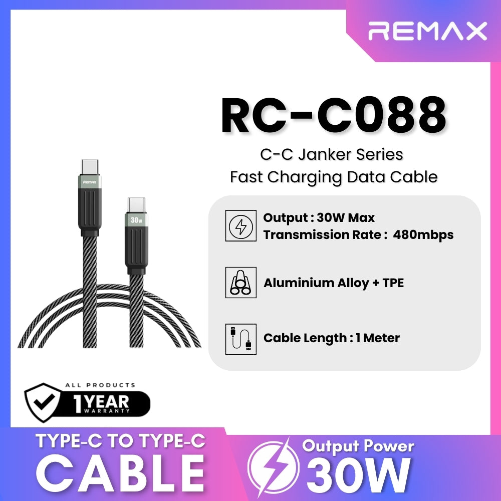 REMAX - RC-C088 C-C Janker Series Type-C to Type-C Fast Charging Data Cable (30W) - Black