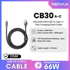 REMAX - CB30 A-C Reynolds 66W USB To Type-C Fast Charging Data Cable (66W) - Black