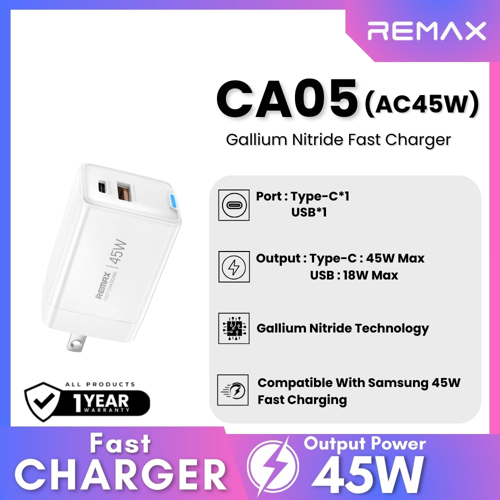 REMAX - CA05 AC45W Gallium Nitride Fast Charger (PD45W/QC18W) - White