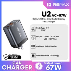 REMAX - U2-AC 67W Gallium Nitride Digital Display Fast Charger - Silver