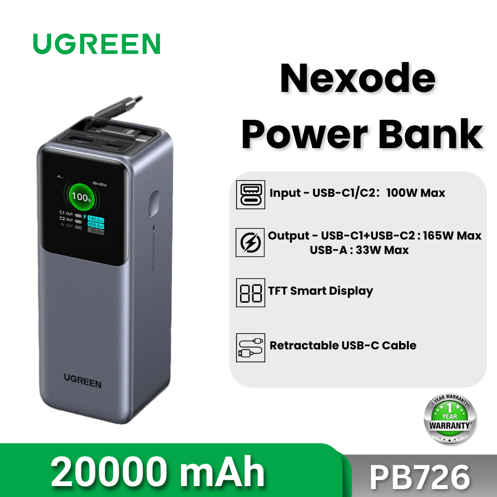 UGREEN - PB726 Nexode Power Bank 20000mAh 165W with Retractable USB-C Cable