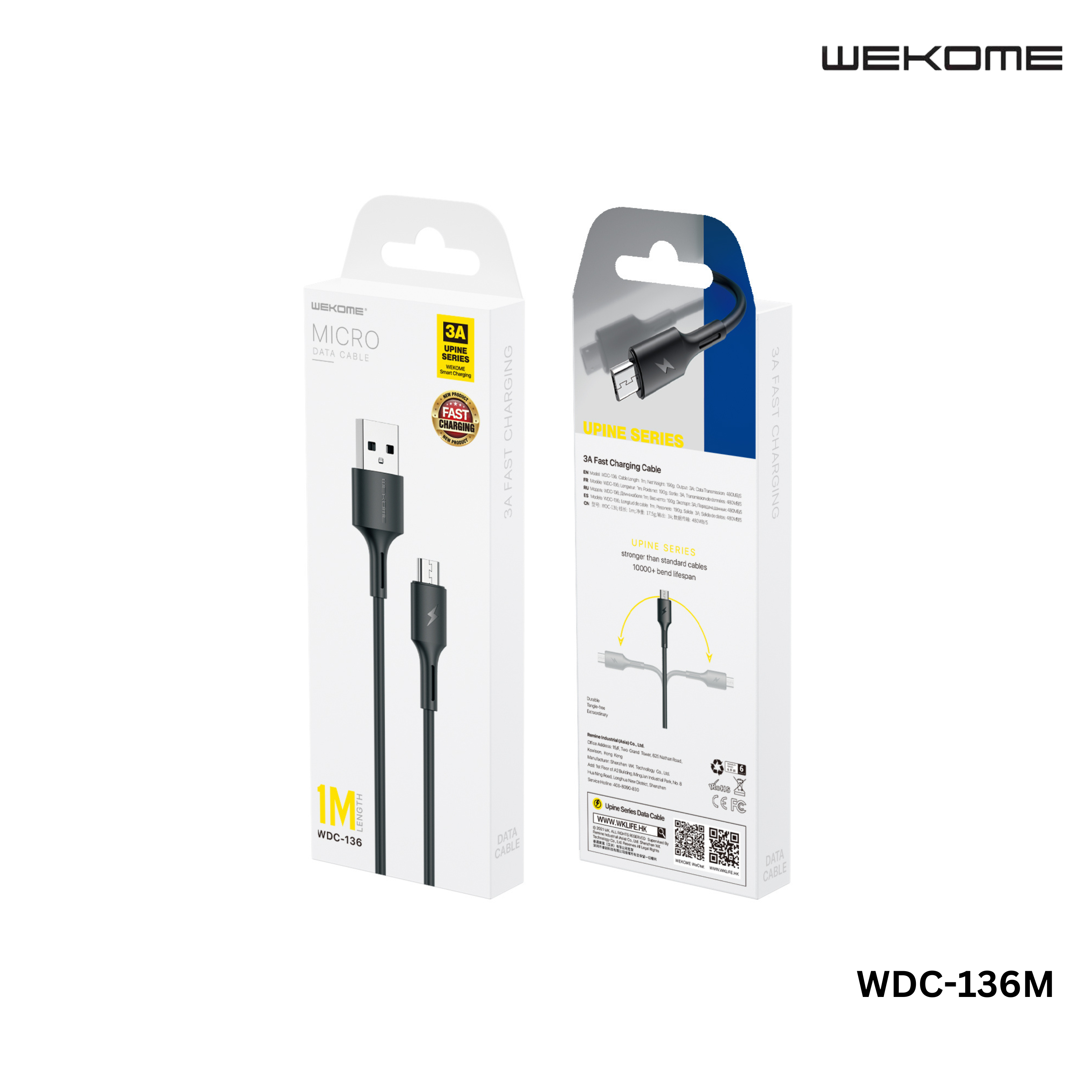 WK (WDC-136M) YOUPIN SERIES 3A DATA CABLE FOR MICRO (1M) (3A), Android Cable, -Black