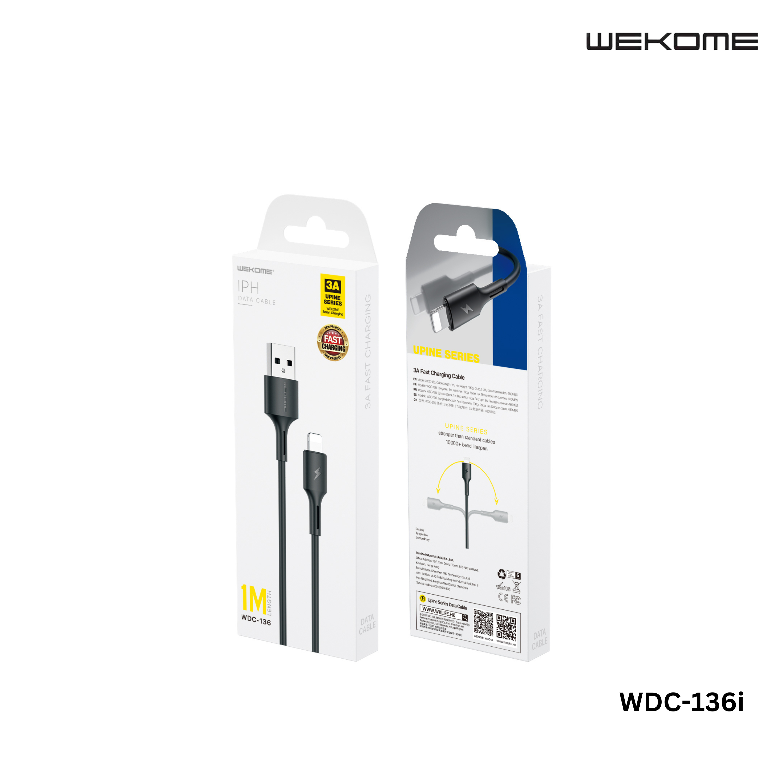 WEKOME Lightning Cable WDC-136I UPINE/YOUPIN SERIES 3A DATA CABLE FOR IPH, iPhone Cable, Lighting Cable, iPhone Charging Cable-White