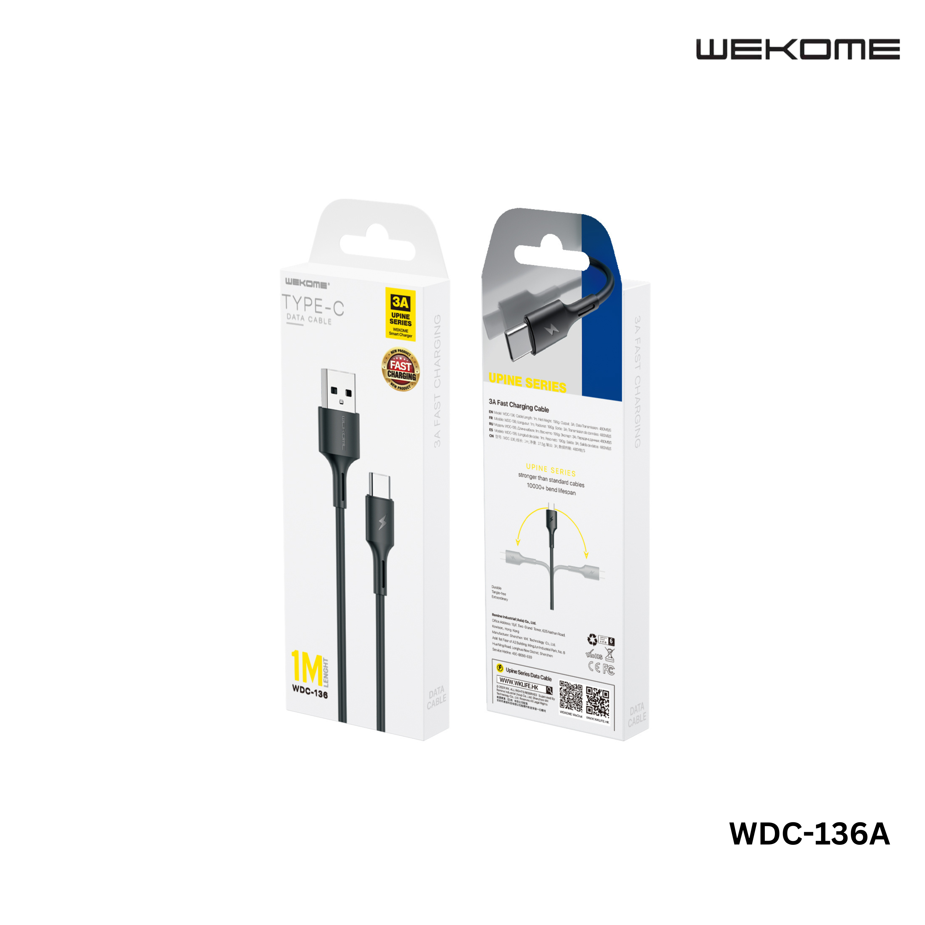 WEKOME Type C Cable (WDC-136A) YOUPIN SERIES 3A DATA CABLE FOR TYPE-C (1M) (3A) (WDC-136A), Type-C Cable, Android Cable, Charging Cable