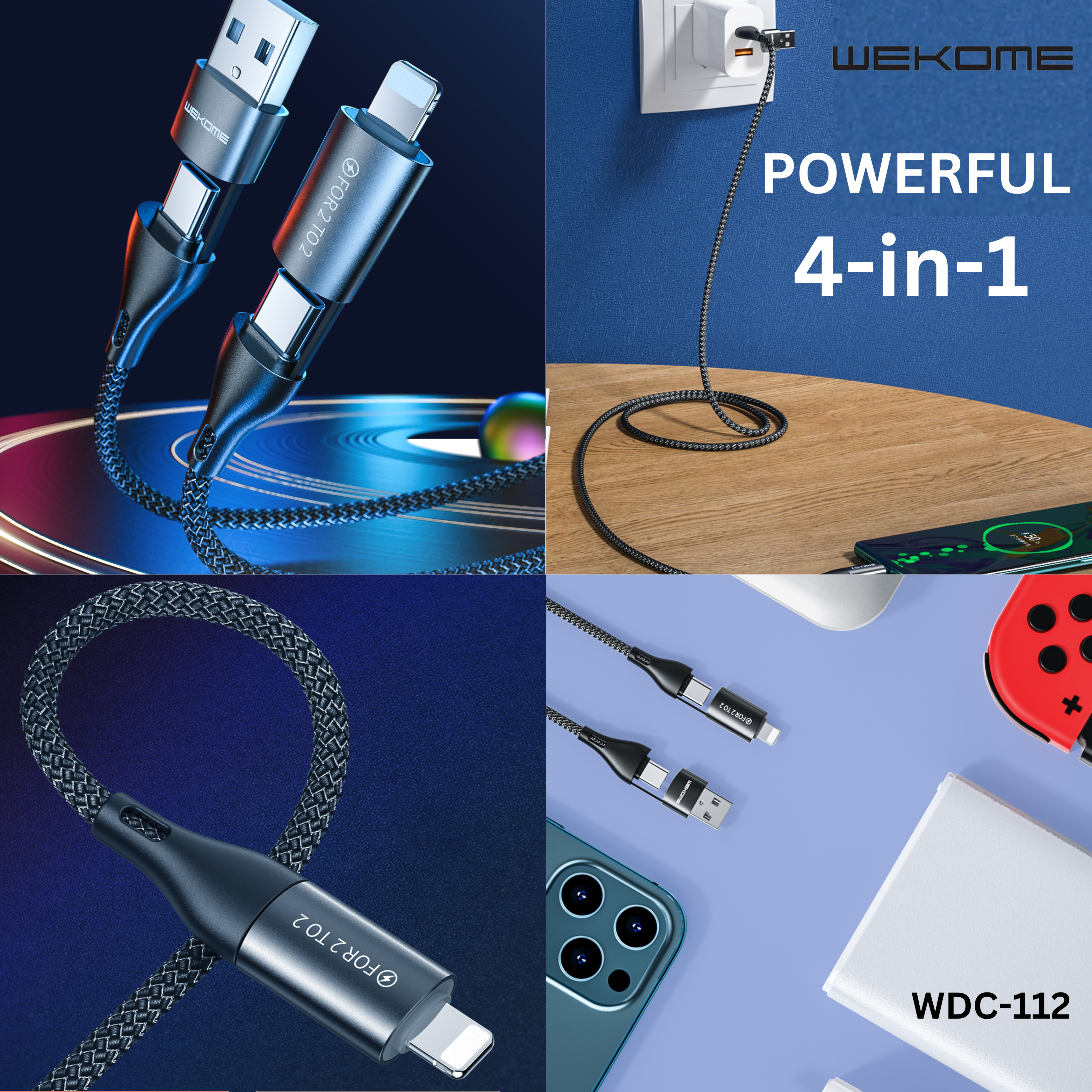 WEKOME 4 in 1 Cables (WDC-112) ALL IN ONE 3A MAX 4 IN 1 FAST CHARGING DATA CABLE FOR IPH,TYPE-C (1M)(TYPE-C *2/IPH/USB), Fast Chargign Cable for Android and iPhone, All in One Cable-Black