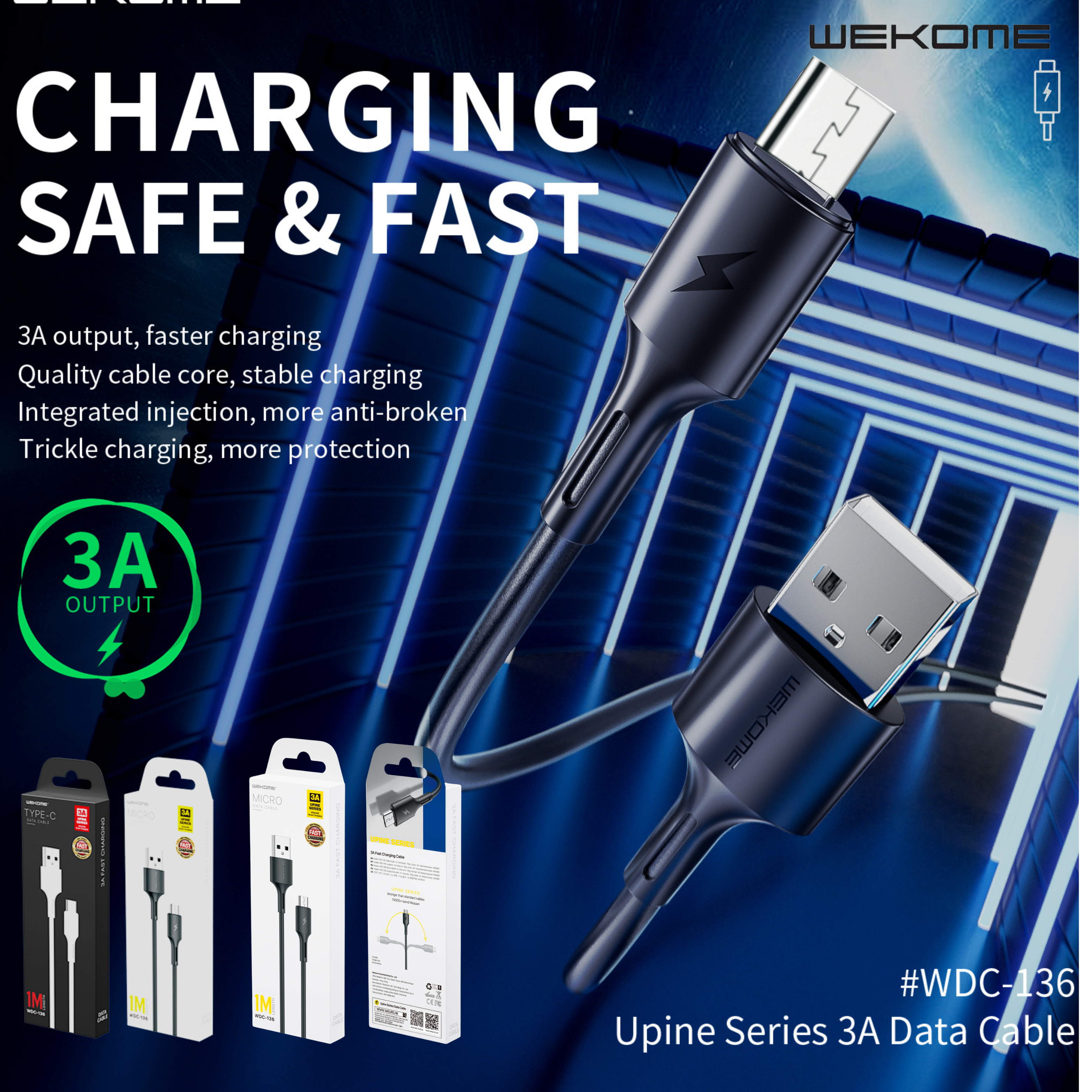 WK (WDC-136M) YOUPIN SERIES 3A DATA CABLE FOR MICRO (1M) (3A), Android Cable, -Black