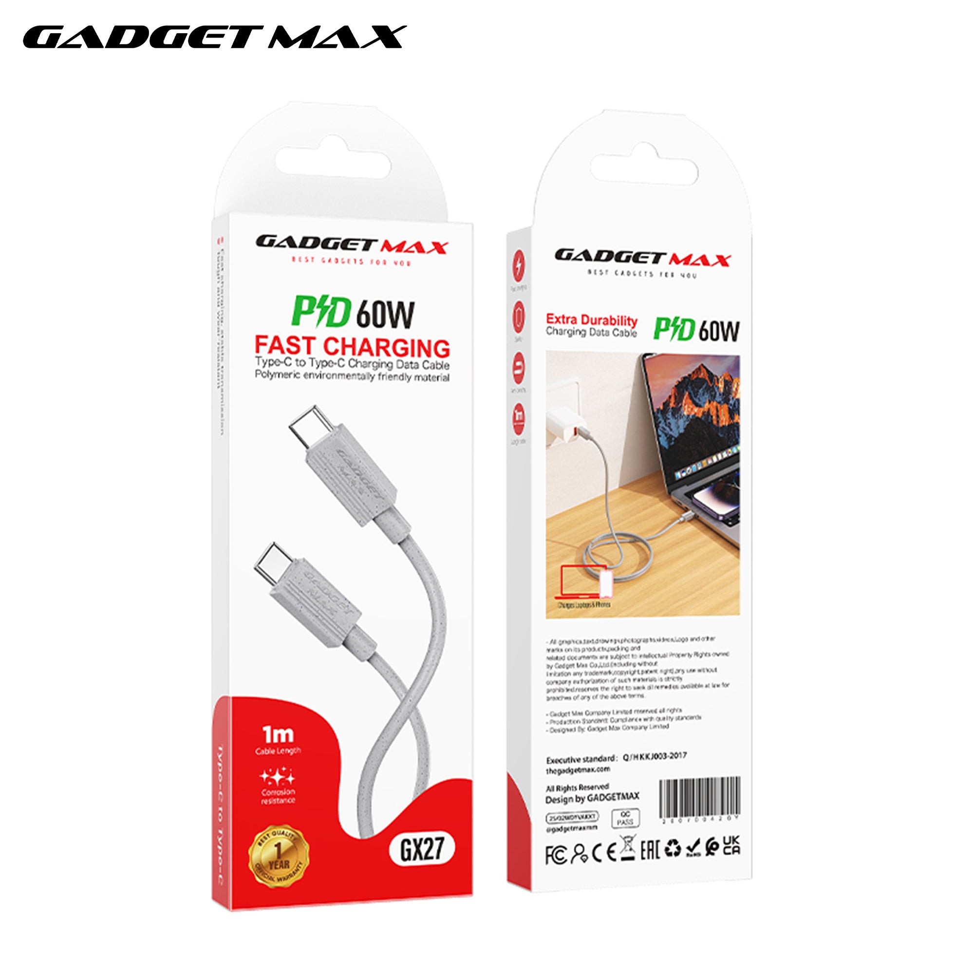 GADGET MAX - GX27 C-C TPE Series Type-C To Type-C Fast Charging Data Cable (60W) - Grey