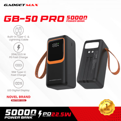 GADGET MAX GB-50PRO 50000MAH PD20W+ QC22.5W WITH CABLE FAST CHARGING POWER PRO DIGITAL DISPLAY POWER BANK (OUTPUT-4USB)(TYPE C-IN/OUT)(IPH-IN/OUT)