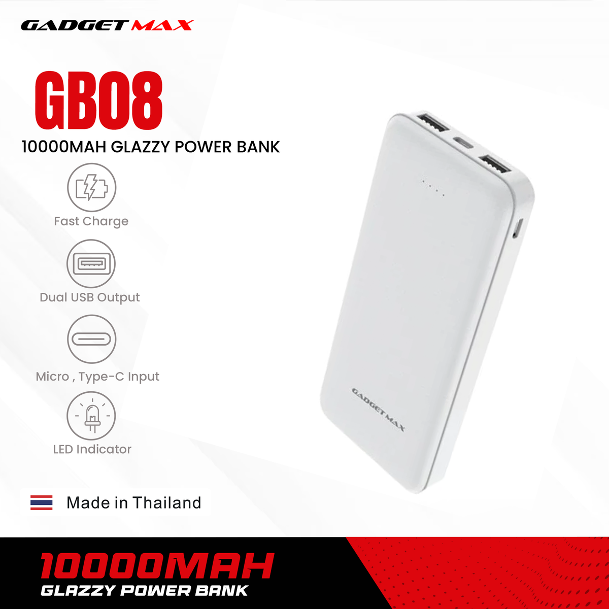 GADGET MAX GB08 10000mAh GLAZZY 2.1A  POWER BANK (5V/2.1A)|(OUTPUT-2USB/INPUT-MICRO,TYPE-C), 10000 mAh Power Bank, Android Power Bank, Power Bank for All
