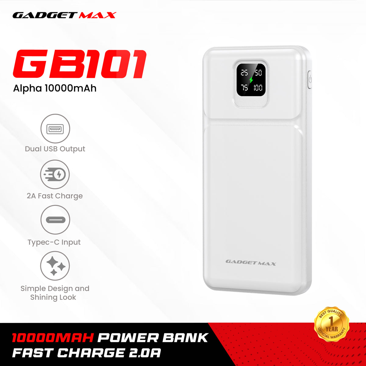 GADGET MAX GB101 Alpha Series 10000mAh Power Bank - White