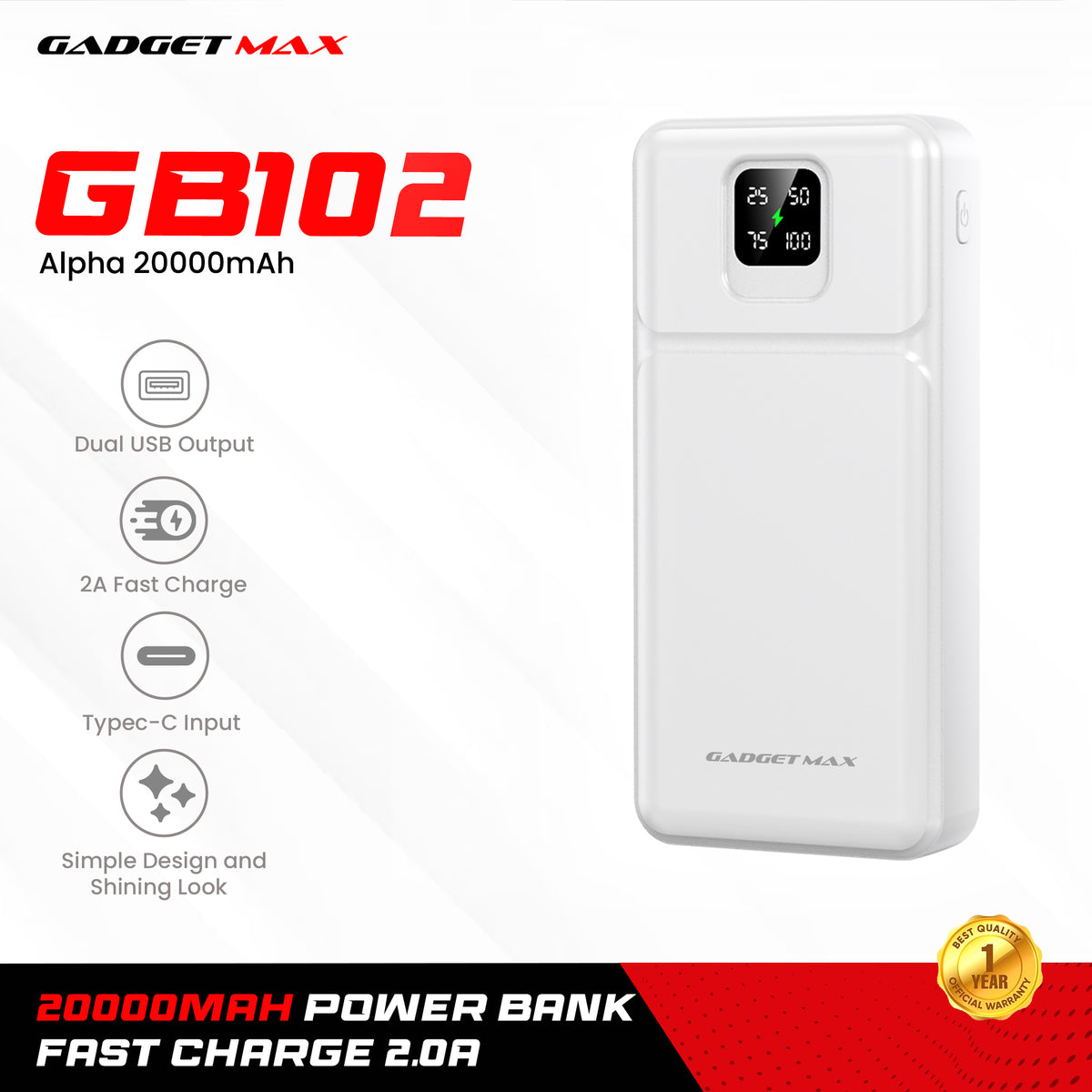 GADGET MAX GB102 Alpha Series 20000mAh Power Bank - White