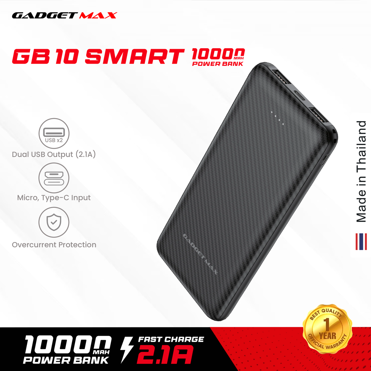 GADGET MAX GB10 10000mAh SMART 2.1A  POWER BANK (5V/2.1A)|(OUTPUT-2USB/INPUT-MICRO,TYPE-C), 10000 mAh Power Bank, Power Bank for All, Android Power Bank
