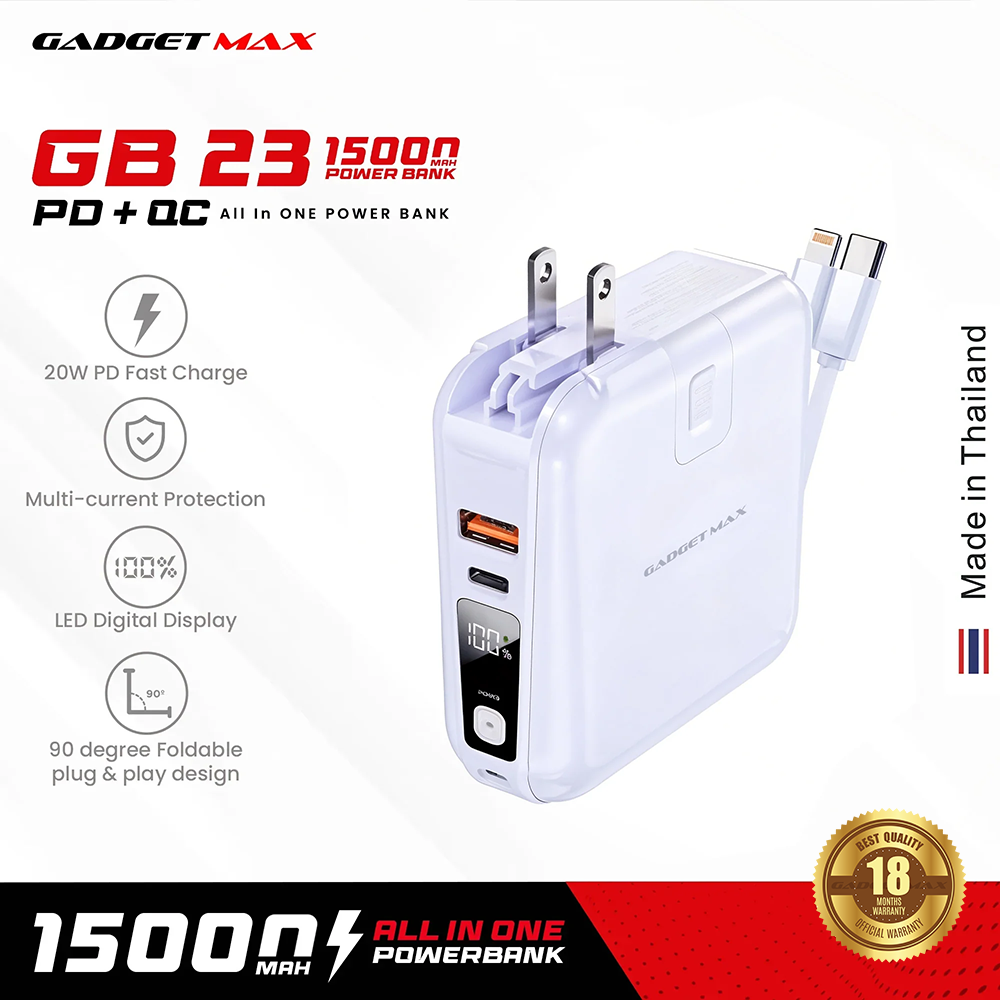 GADGET MAX GB23 AIO Pro Series 15000mAh All-in-One PD+QC Fast Charging Power Bank(PD 20W+QC 22.5W) - Purple