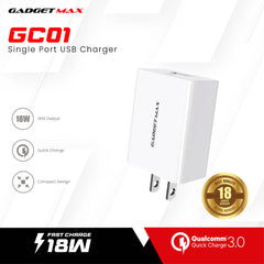 GADGET MAX - GC01 Single USB Port QC 3.0 Charger (18W) - White