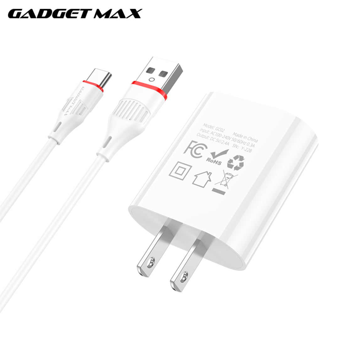 GADGET MAX GC02 TYPE-C 2.4A SINGLE USB PORT SPEEDY TYPE-C CHARGER SET(1USB)(2.4A)(1M)