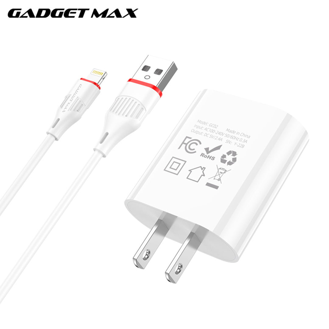 GADGET MAX GC02 IPH 2.4A SINGLE USB PORT SPEEDY IPHONE CHARGER SET (1USB)(2.4A)(1M)