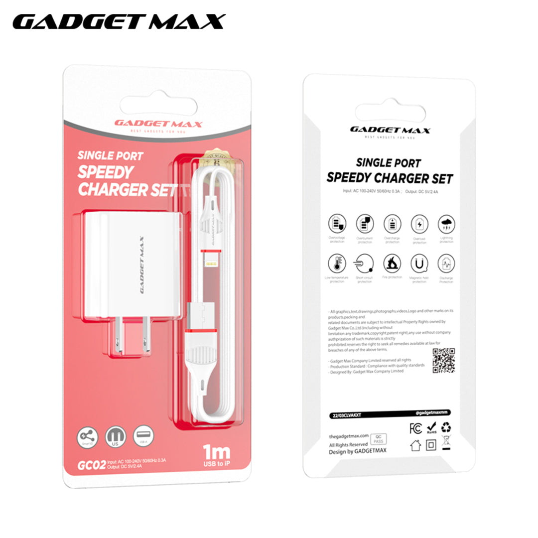 GADGET MAX GC02 IPH 2.4A SINGLE USB PORT SPEEDY IPHONE CHARGER SET (1USB)(2.4A)(1M)