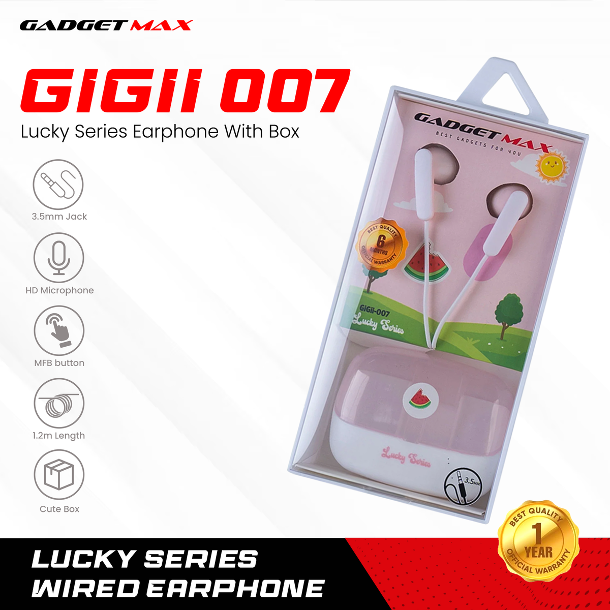 GADGET MAX GIGII-007 LUCKY SERIES  3.5MM EARPHONE - PINK