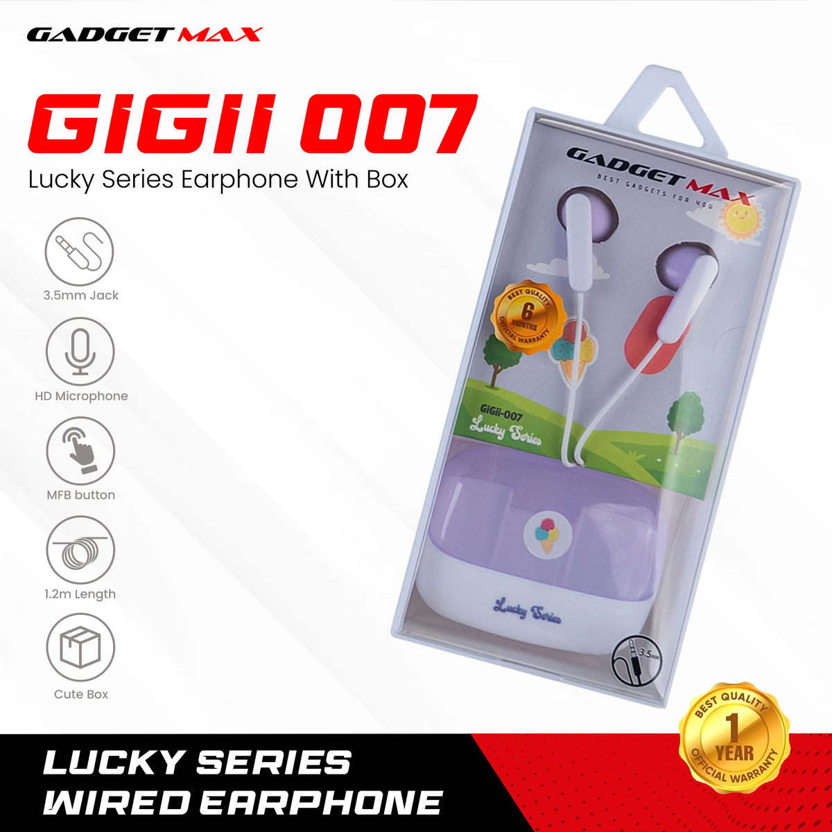 GADGET MAX GIGII-007 LUCKY SERIES  3.5MM EARPHONE - PURPLE