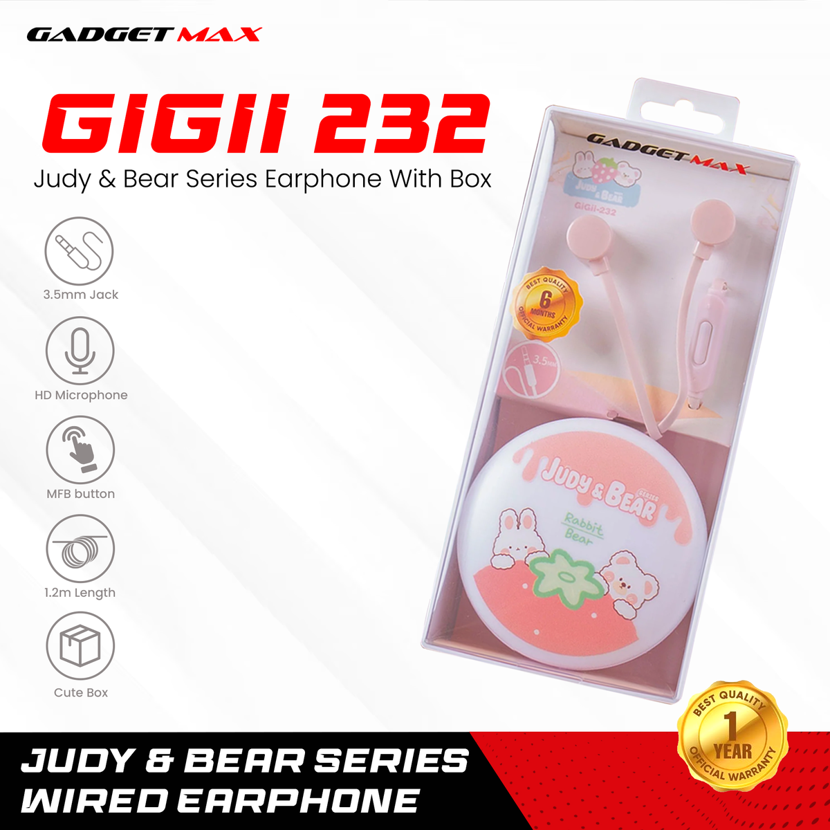 GADGET MAX GIGII-232 JUDY&BEAR SERIES 3.5MM Wired Earphone - PINK