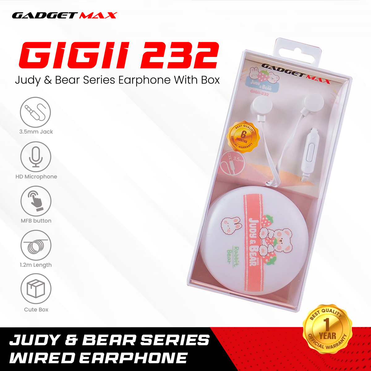 GADGET MAX GIGI-232 JUDY&BEAR SERIES 3.5 MM WIRED EARPHONE - WHITE