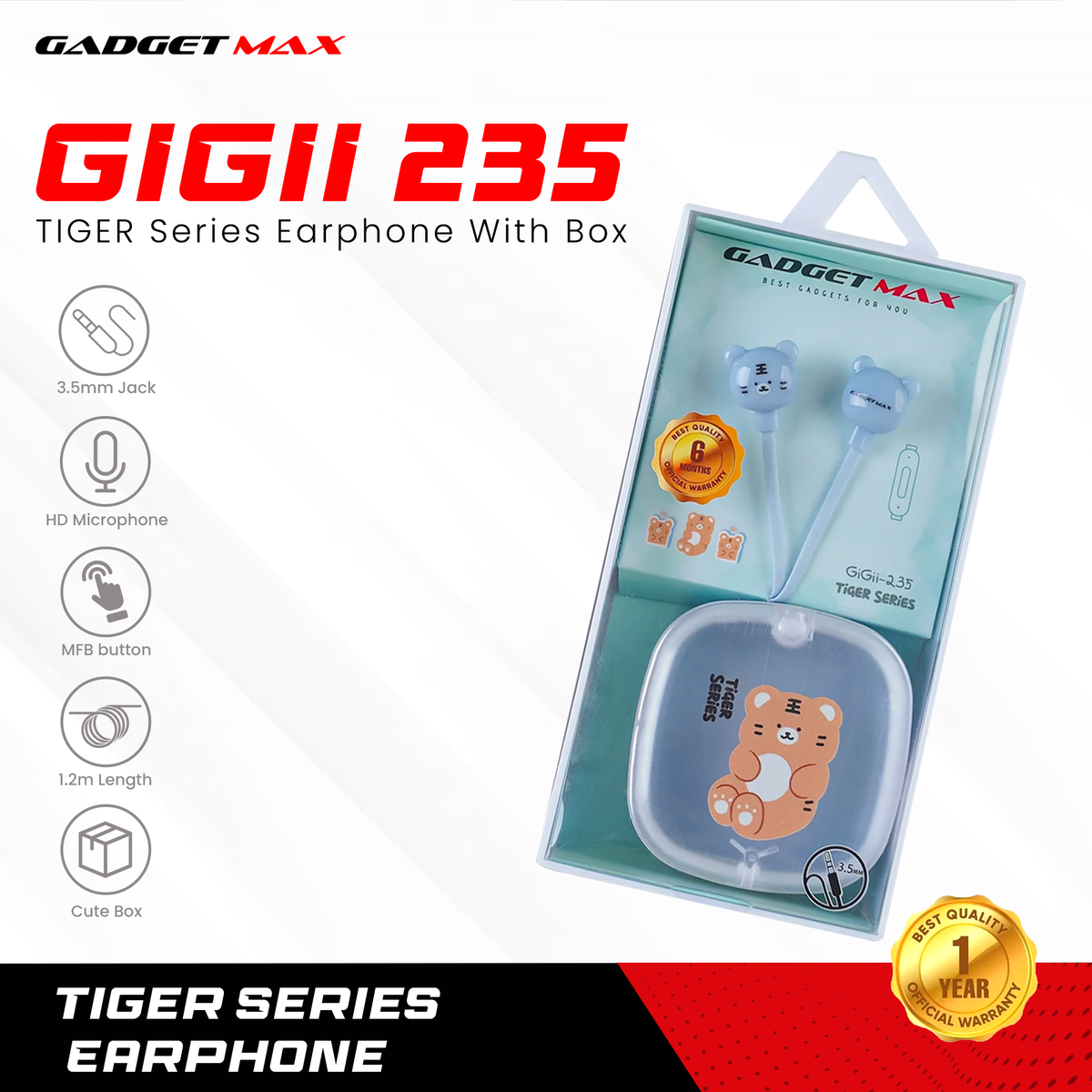 GADGET MAX GIGII-235 TIGER SERIES 3.5MM WIRED EARPHONE - PURPLE